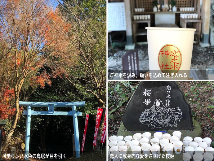 恋の水神社の鳥居と、境内の様子