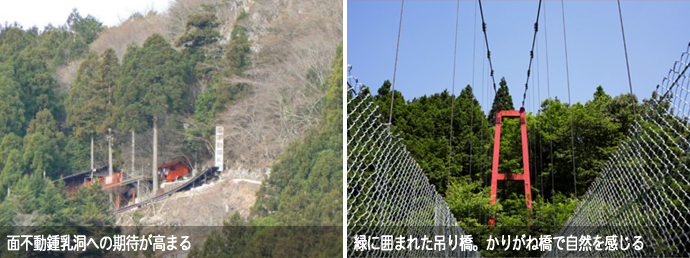面不動鍾乳洞の入り口とかりがね橋