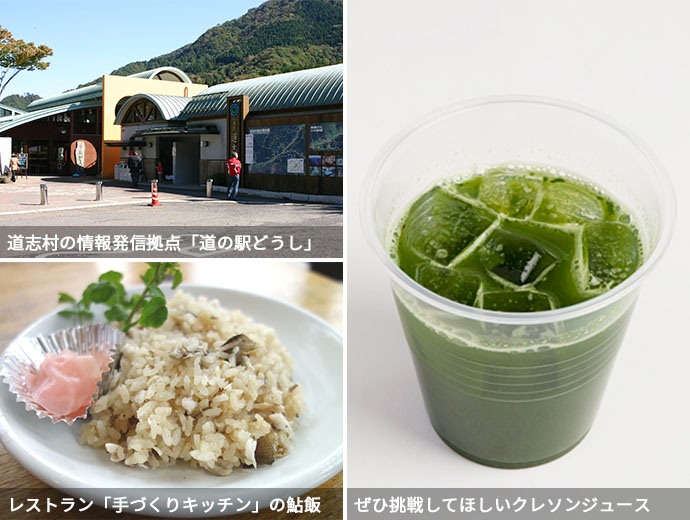 道の駅どうしの外観・鮎飯・クレソンジュース