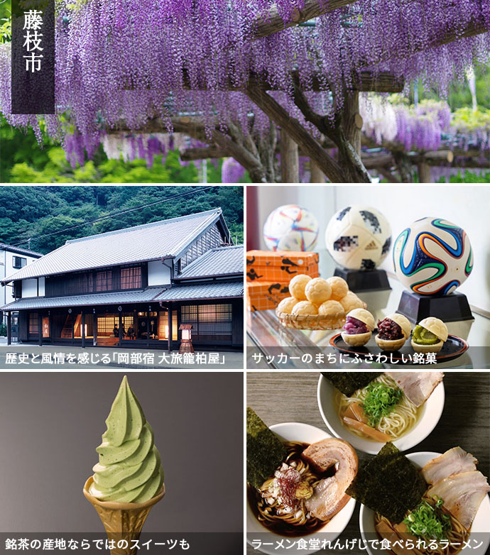 「蓮華寺池公園」や「岡部宿大旅籠柏屋」、藤枝市ならではのスイーツの写真