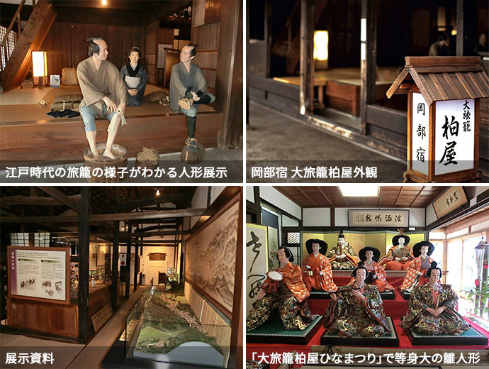 「岡部宿 大旅籠柏屋」の外観と店内展示
