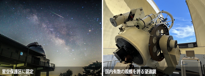 星空に包まれた美星天文台と、口径101センチの望遠鏡