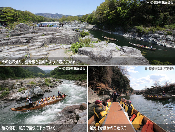 長瀞岩畳の風景と、ラインくだりの様子、こたつ舟