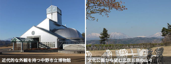 中野市立博物館の外観と圧巻の景色