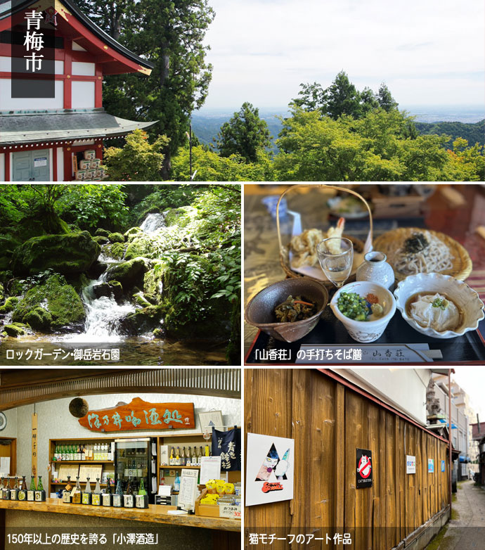 武蔵御嶽神社、ロックガーデン･御岳岩石園、山香荘の手打ちそば膳、小澤酒造、住吉神社周辺の路地