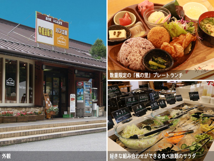 道の駅みなみ波賀の建物外観・数量限定のプレートランチ・食べ放題のサラダコーナー<br>