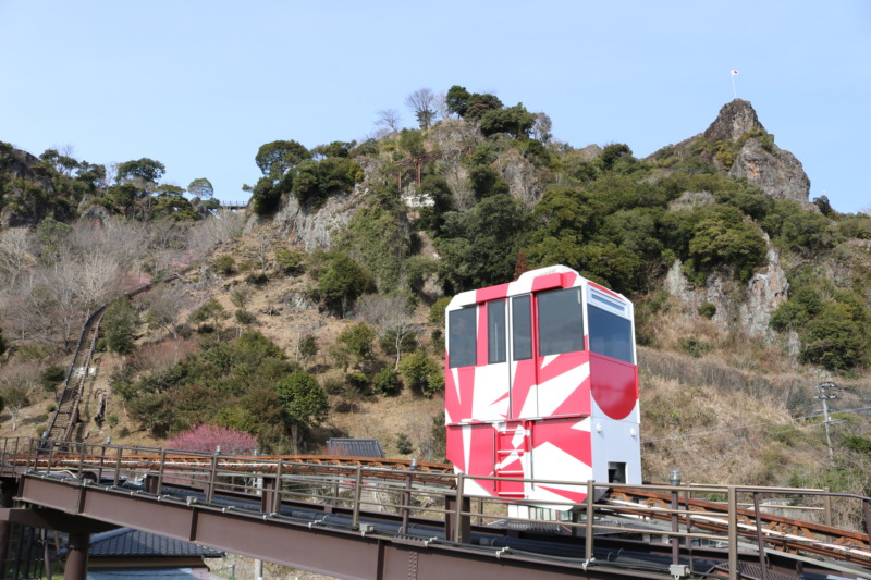 つなぎ美術館と舞鶴城公園展望所の往復ができるモノレールがレールを走っている様子