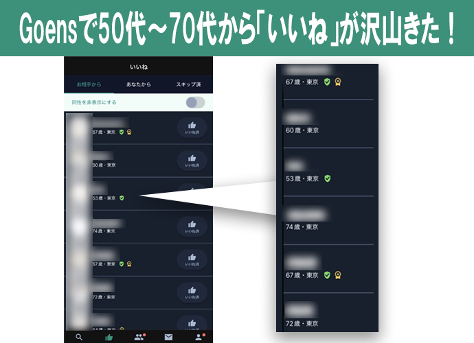 実際にGoensで届いた「いいね」の一覧