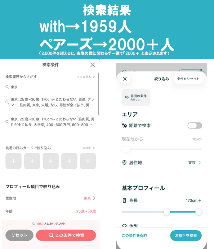 ペアーズとwithの検索結果画面
